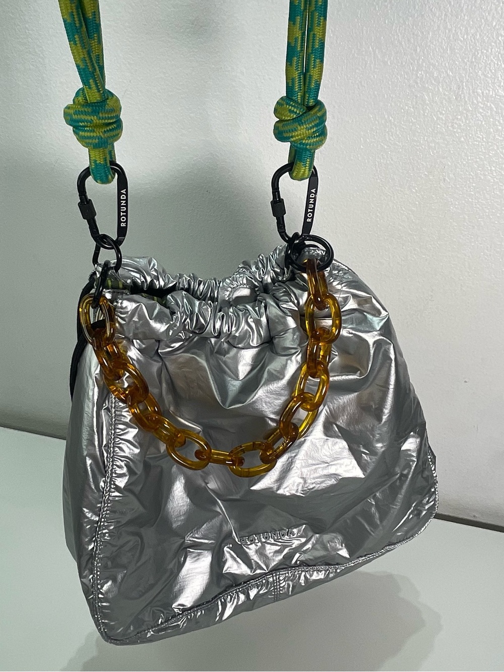Rotunda Sant Hobo Bag Metallic Nylon Paracord Strap Chunky Chain Eclectic
